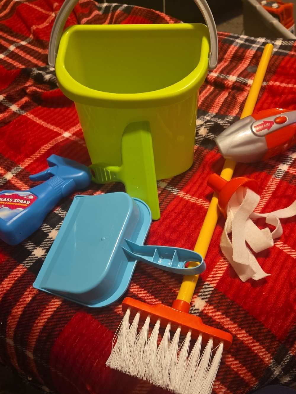 Kids Play Cleaning Set - Lime Green Bucket with Blue Dustpan & Yellow Broom